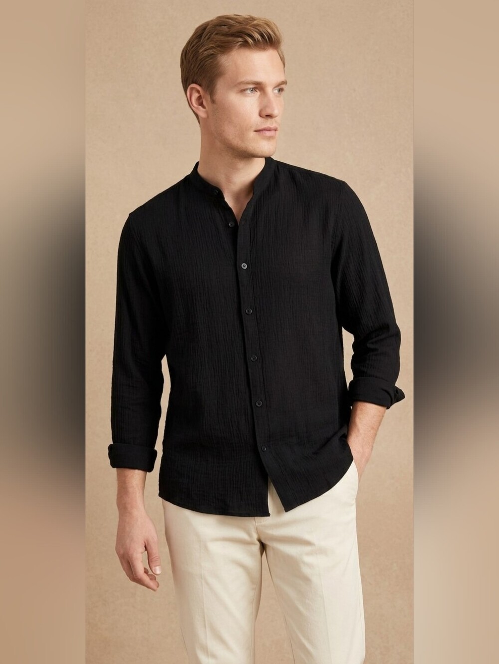 $60 Alfani Men's Regular-Fit Crinkled Button-Down Band-Collar Shirt